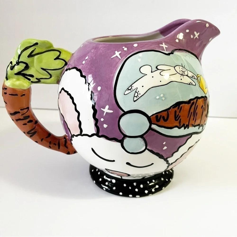 Joanne Delomba for Lostus Bunny Rabbit Pitcher Carrot Handle Whimsical Easter